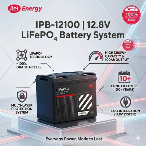 ITEL IP21 WALL MOUNT LITHIUM BATTERY IPB-12100 – 12.8V 100Ah 1280Wh BLUETOOTH SMART SOLAR BATTERY (4000 CYCLES)