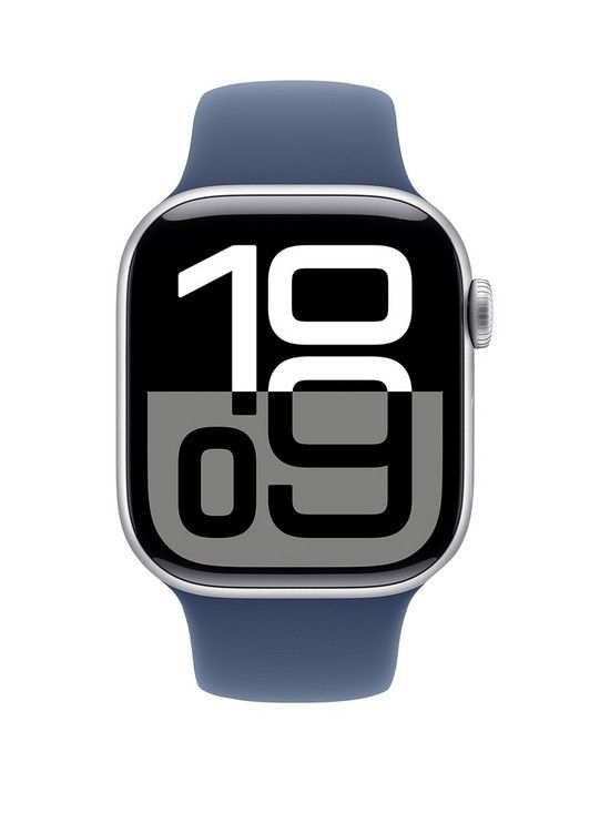 Apple Watch Series 10 (GPS, 42mm) featuring a Silver Aluminium Case and a Denim Sport Band in size Small/Medium -