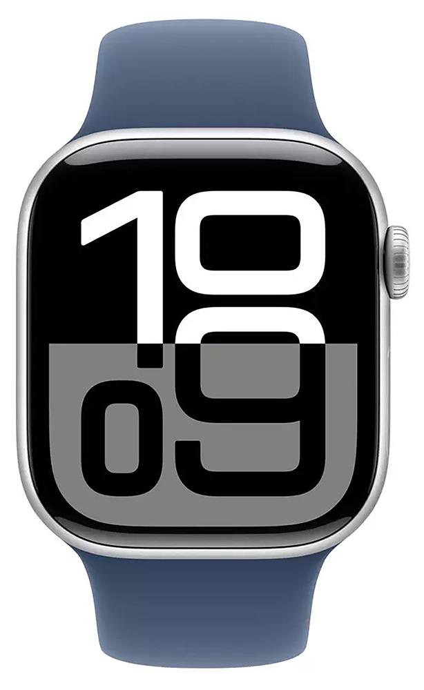 Apple Watch Series 10 (GPS, 42mm) featuring a Silver Aluminium Case and a Denim Sport Band-MWWC3QA/A