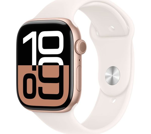 Apple Watch Series 10 (GPS, 46mm) featuring a Rose Gold Aluminium Case and a Light Blush Sport Band in size Medium/Large (M/L)
