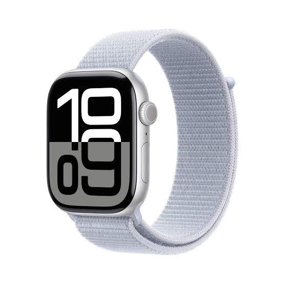 Apple Watch Series 10 (GPS, 46mm) featuring a Silver Aluminium Case and a Blue Cloud Sport Loop-MWWN3QA/A