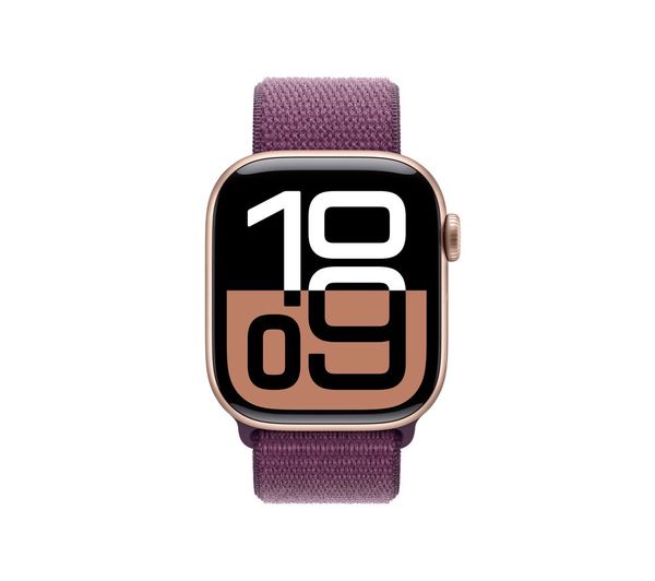 Apple Watch Series 10 (MWWK3QA/A) featuring the Rose Gold Aluminium Case paired with the Plum Sport Loop fabric band-MWWK3QA/A