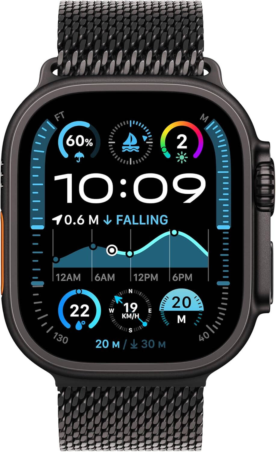 Apple Watch Ultra 2 (2024), featuring a 49mm Black Titanium Case paired with a Black Milanese Loop in band size Medium-MX5U3QA/A