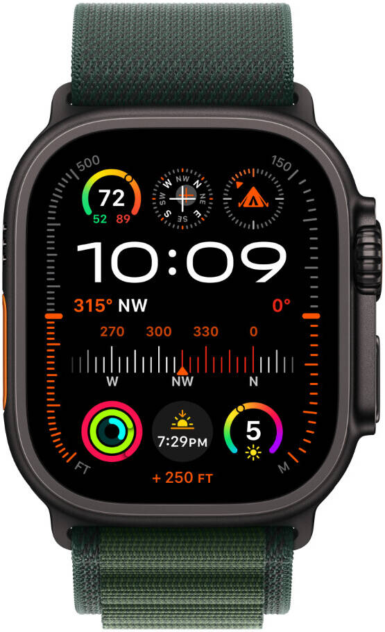 Apple Watch Ultra 2 (GPS + Cellular, 49mm) featuring a Satin Black Titanium Case paired with a Dark Green Alpine Loop (Size: Large)-