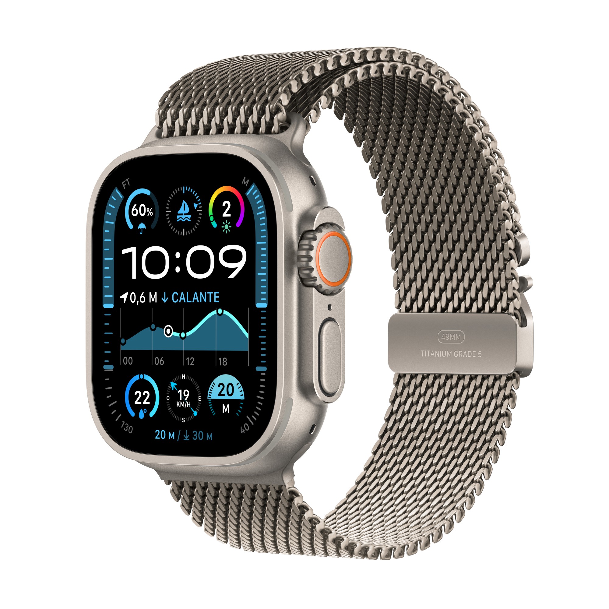 Apple Watch Ultra 2 (GPS + Cellular, 49mm) featuring a Natural Titanium Case paired with a Natural Titanium Milanese Loop (Size Small)-MX4M3QA/A