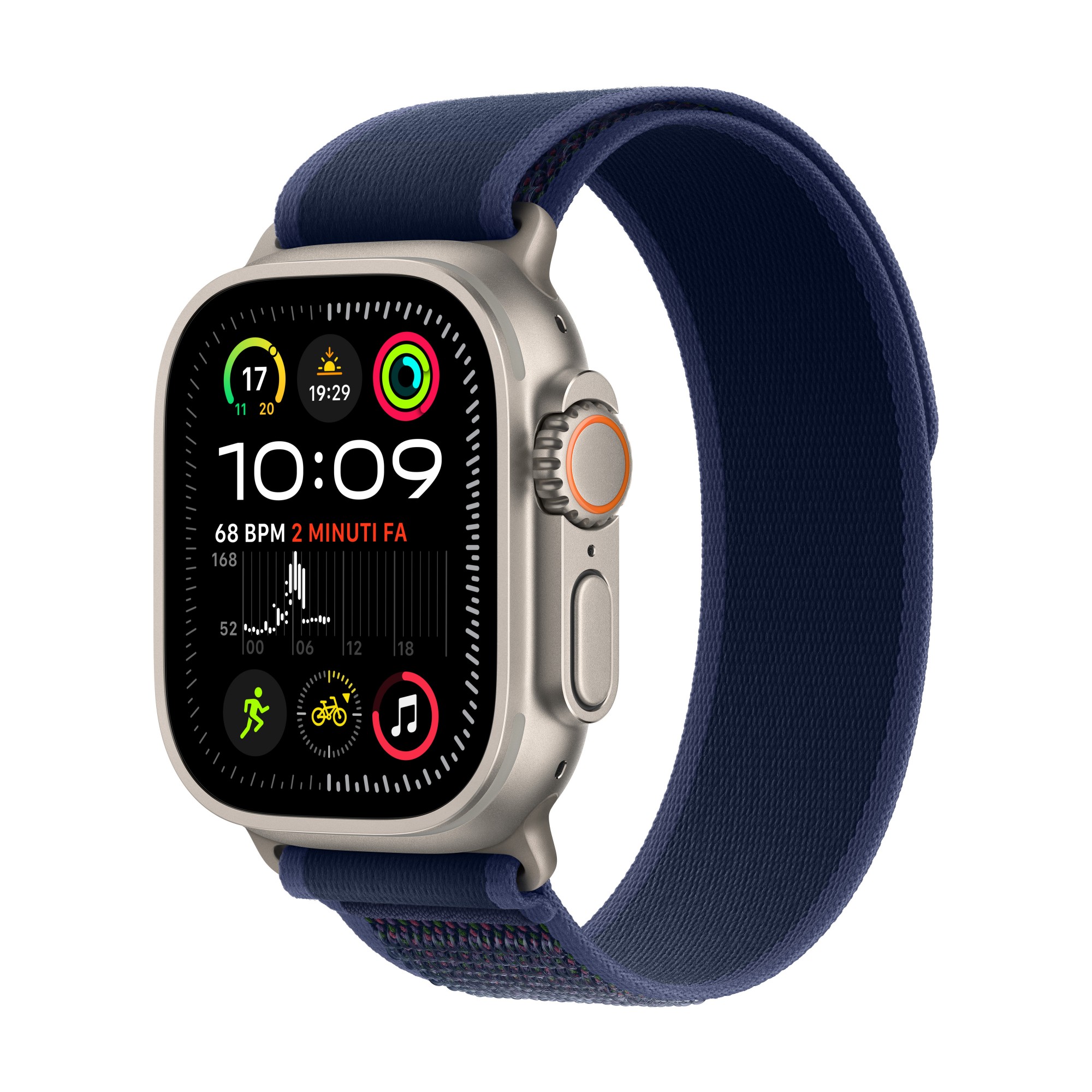 Apple Watch Ultra 2 (GPS + Cellular, 49mm) configured with a Natural Titanium Case and a Blue Trail Loop in size M/L-MX4L3QA/A
