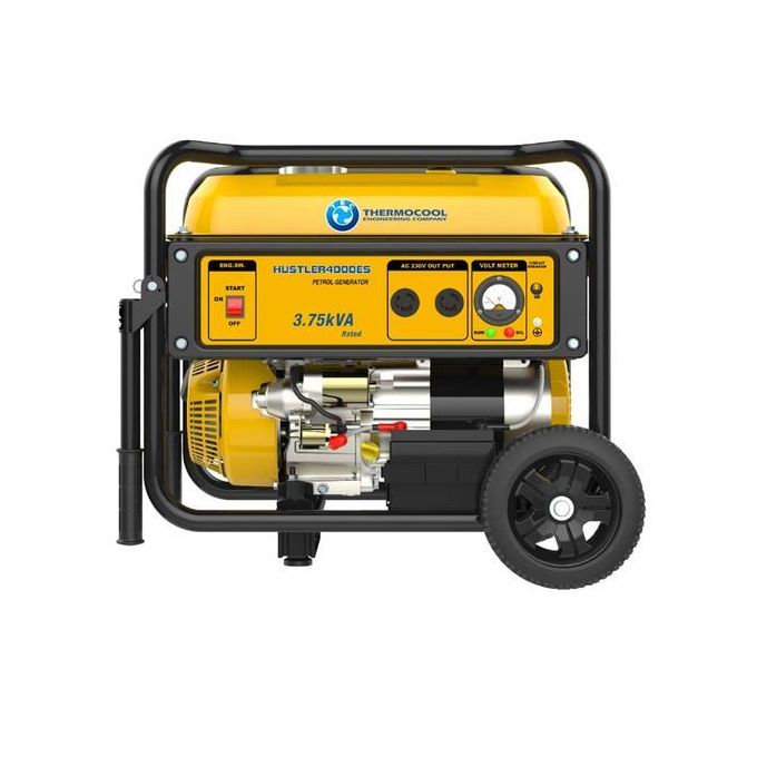 Haier Thermocool Hustler 4000ES. 3.75kVA/3.0kW. Single phase petrol generator. 4 stroke, OHV, forced air cooled, electric start, 223cc single cylinder engine. Suitable for medium loads. E.g. lightings, TV, Fans, Fridge, small AC